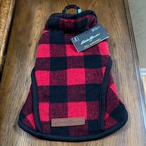 Eddie Bauer Red and Black Plaid dog jacket. Size S. Soft fleece inside.